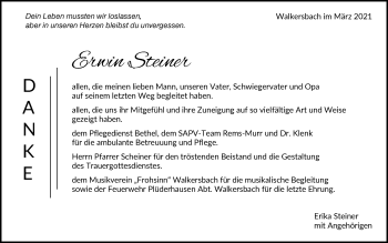 Traueranzeige von Erwin Steiner von Waiblinger Kreiszeitung