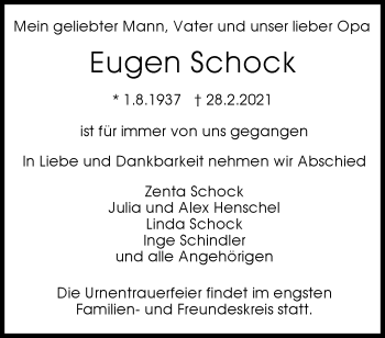 Traueranzeige von Eugen Schock von Waiblinger Kreiszeitung