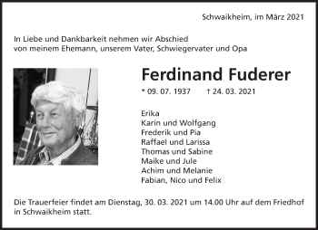 Traueranzeige von Ferdinand Fuderer von Waiblinger Kreiszeitung