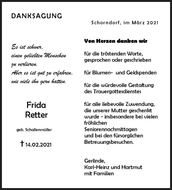 Traueranzeige von Frida Retter von Waiblinger Kreiszeitung