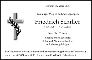 Traueranzeige von Friedrich Schiller von Waiblinger Kreiszeitung