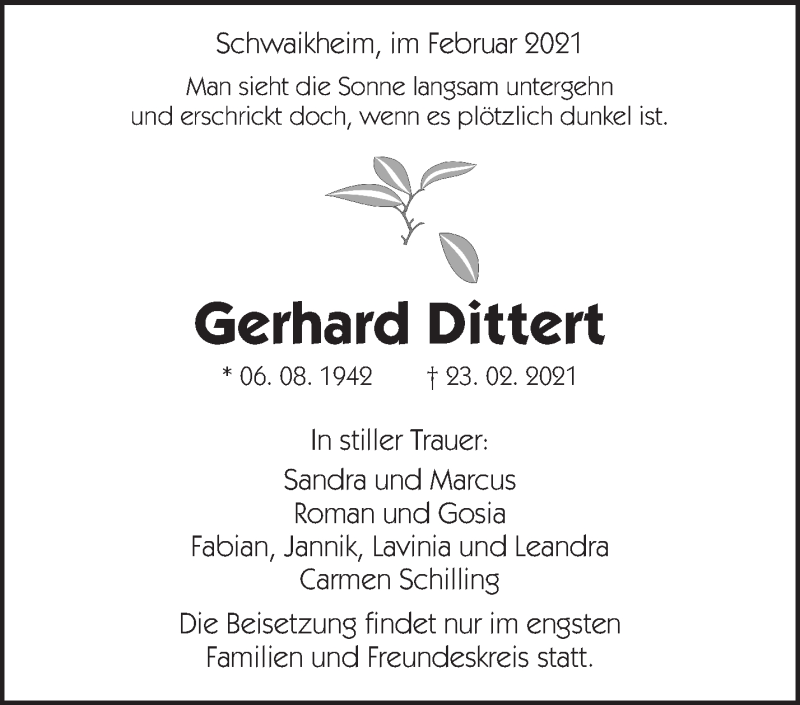  Traueranzeige für Gerhard Dittert vom 12.03.2021 aus Waiblinger Kreiszeitung