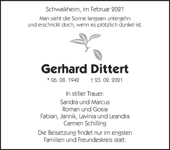 Traueranzeige von Gerhard Dittert von Waiblinger Kreiszeitung