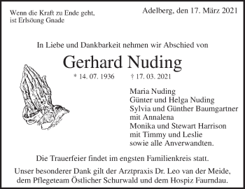 Traueranzeige von Gerhard Nuding von Waiblinger Kreiszeitung
