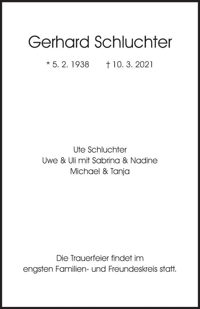  Traueranzeige für Gerhard Schluchter vom 20.03.2021 aus Waiblinger Kreiszeitung