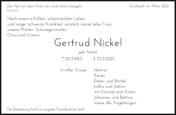 Traueranzeige von Gertrud Nickel von Waiblinger Kreiszeitung