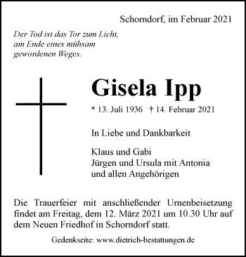 Traueranzeige von Gisela Ipp von Waiblinger Kreiszeitung