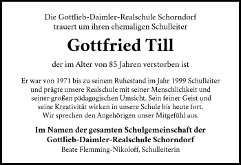 Traueranzeige von Gottfried Till von Waiblinger Kreiszeitung