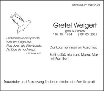 Traueranzeige von Gretel Weigert von Waiblinger Kreiszeitung