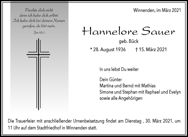  Traueranzeige für Hannelore Sauer vom 23.03.2021 aus Waiblinger Kreiszeitung