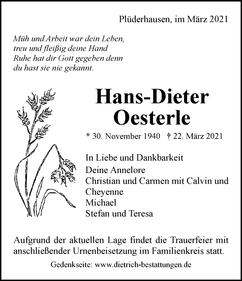  Traueranzeige für Hans-Dieter Oesterle vom 30.03.2021 aus Waiblinger Kreiszeitung