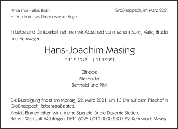 Traueranzeige von Hans-Joachim Masing von Waiblinger Kreiszeitung