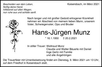Traueranzeige von Hans-Jürgen Munz von Waiblinger Kreiszeitung