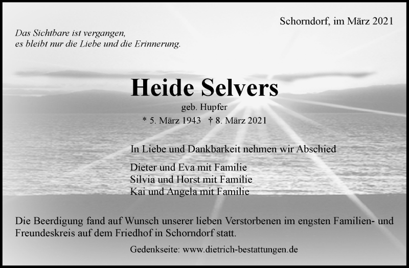  Traueranzeige für Heide Selvers vom 17.03.2021 aus Waiblinger Kreiszeitung