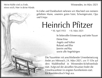 Traueranzeige von Heinrich Pfitzer von Waiblinger Kreiszeitung