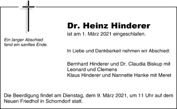 Traueranzeige von Heinz Hinderer von Waiblinger Kreiszeitung