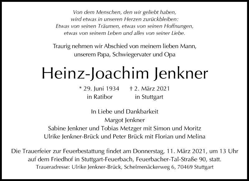  Traueranzeige für Heinz-Joachim Jenkner vom 06.03.2021 aus Waiblinger Kreiszeitung