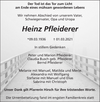 Traueranzeige von Heinz Pfleiderer von Waiblinger Kreiszeitung