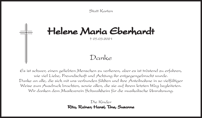  Traueranzeige für Helene Eberhardt vom 23.03.2021 aus Waiblinger Kreiszeitung