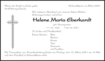 Traueranzeige von Helene Maria Eberhardt von Waiblinger Kreiszeitung
