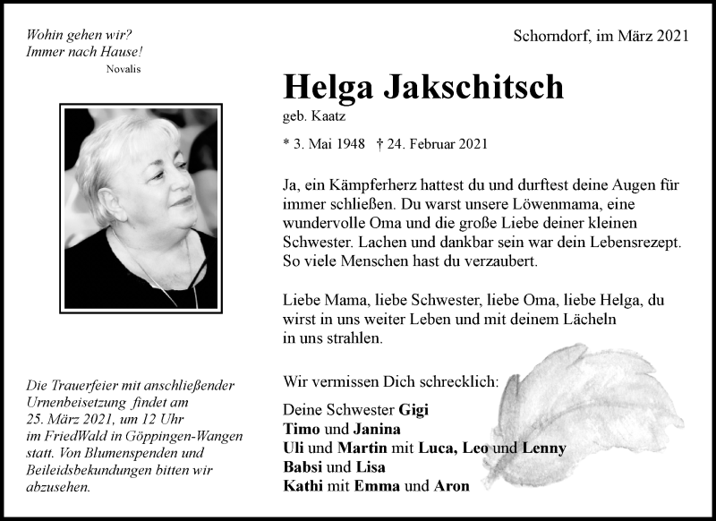  Traueranzeige für Helga Jakschitsch vom 06.03.2021 aus Waiblinger Kreiszeitung