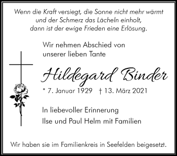 Traueranzeige von Hildegard Binder von Waiblinger Kreiszeitung