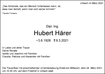 Traueranzeige von Hubert Härer von Waiblinger Kreiszeitung