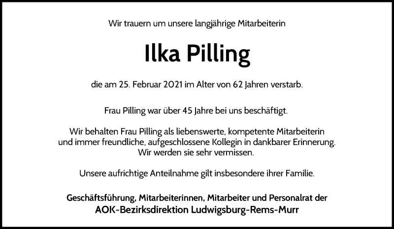  Traueranzeige für Ilka Pilling vom 06.03.2021 aus Waiblinger Kreiszeitung