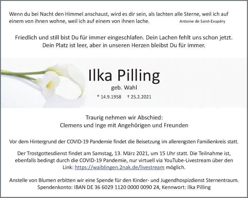  Traueranzeige für Ilka Pilling vom 06.03.2021 aus Waiblinger Kreiszeitung