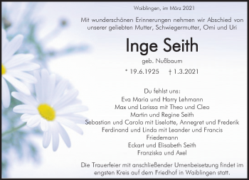 Traueranzeige von Inge Seith von Waiblinger Kreiszeitung