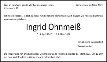 Traueranzeige von Ingrid Ohnmeiß von Waiblinger Kreiszeitung