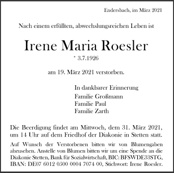 Traueranzeige von Irene Maria Roesler von Waiblinger Kreiszeitung