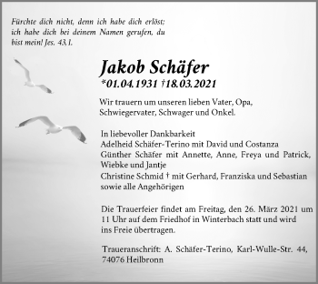 Traueranzeige von Jakob Schäfer von Waiblinger Kreiszeitung