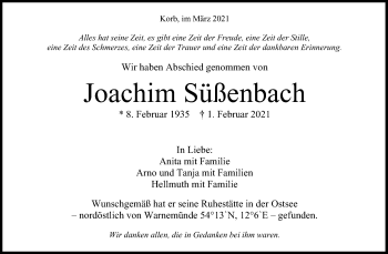 Traueranzeige von Joachim Süßenbach von Waiblinger Kreiszeitung