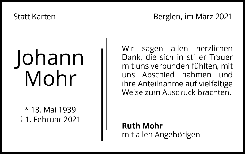  Traueranzeige für Johann Mohr vom 16.03.2021 aus Waiblinger Kreiszeitung