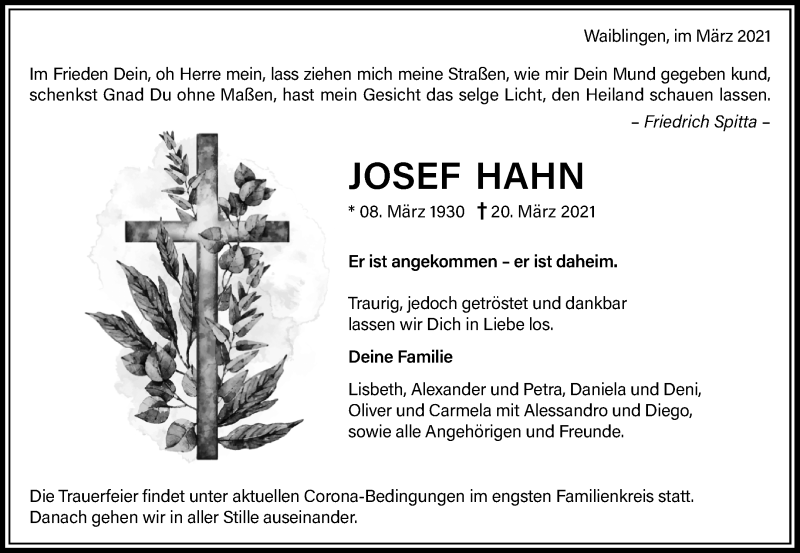 Traueranzeige für Josef Hahn vom 27.03.2021 aus Waiblinger Kreiszeitung