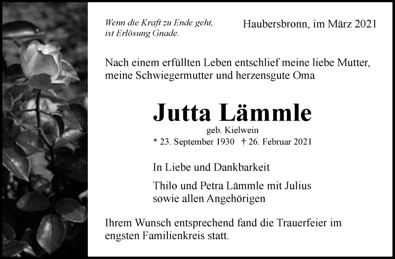  Traueranzeige für Jutta Lämmle vom 16.03.2021 aus Waiblinger Kreiszeitung
