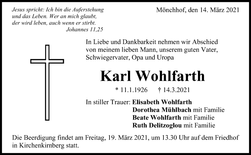  Traueranzeige für Karl Wohlfarth vom 16.03.2021 aus Waiblinger Kreiszeitung