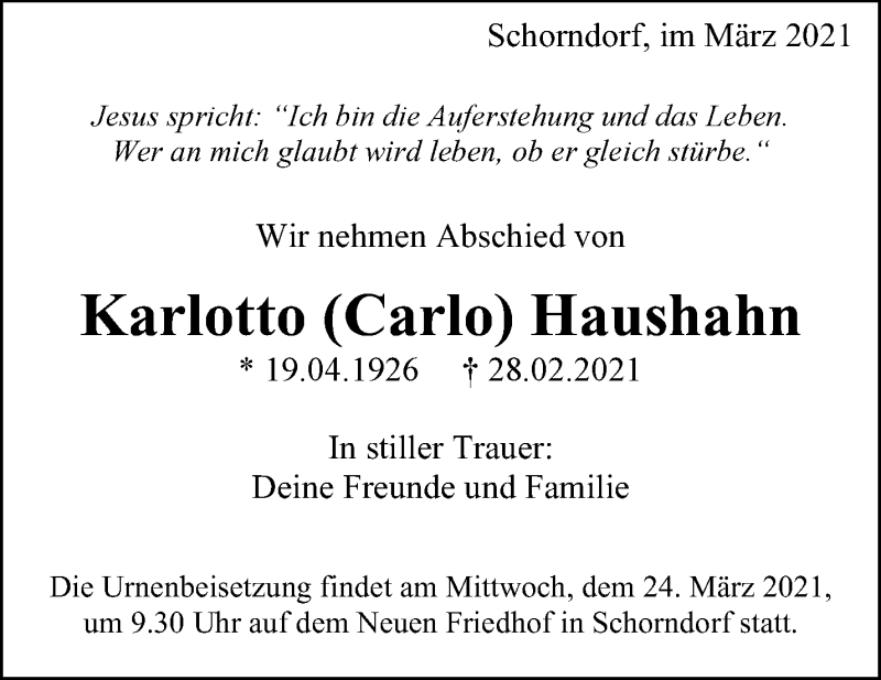  Traueranzeige für Karlotto Haushahn vom 20.03.2021 aus Waiblinger Kreiszeitung