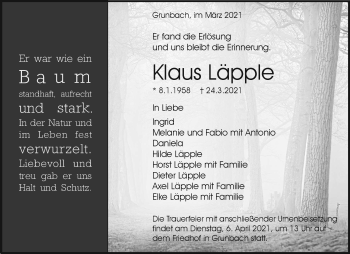 Traueranzeige von Klaus Läpple von Waiblinger Kreiszeitung