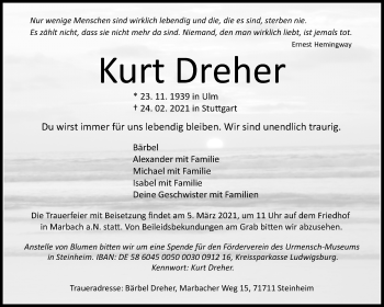 Traueranzeige von Kurt Dreher von Waiblinger Kreiszeitung
