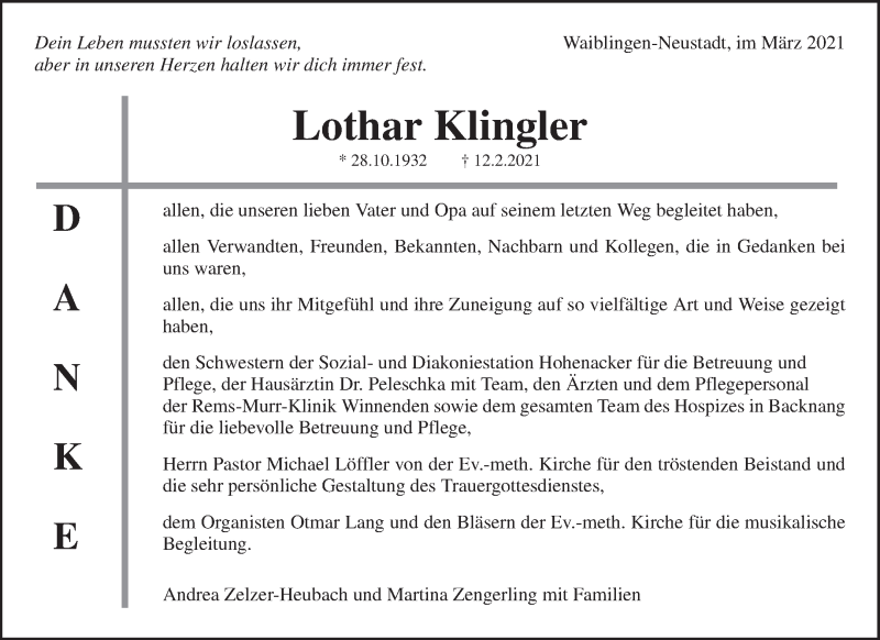 Traueranzeige für Lothar Klingler vom 10.03.2021 aus Waiblinger Kreiszeitung