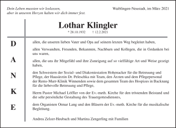Traueranzeige von Lothar Klingler von Waiblinger Kreiszeitung