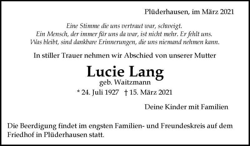 Traueranzeige für Lucie Lang vom 20.03.2021 aus Waiblinger Kreiszeitung