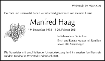 Traueranzeige von Manfred Haag von Waiblinger Kreiszeitung