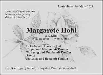 Traueranzeige von Margarete Hoh von Waiblinger Kreiszeitung