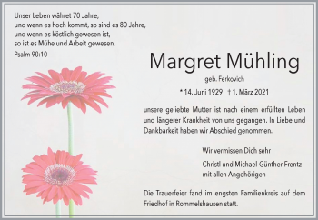 Traueranzeige von Margret Mühling von Waiblinger Kreiszeitung