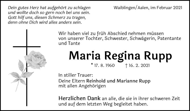  Traueranzeige für Maria Regina Rupp vom 06.03.2021 aus Waiblinger Kreiszeitung