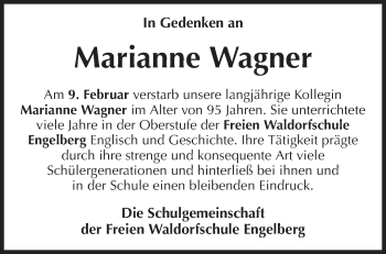 Traueranzeige von Marianne Wagner von Waiblinger Kreiszeitung
