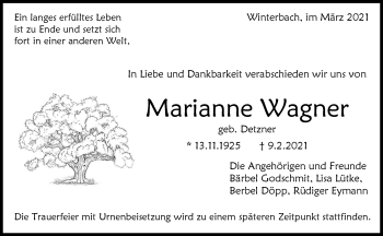 Traueranzeige von Marianne Wagner von Waiblinger Kreiszeitung